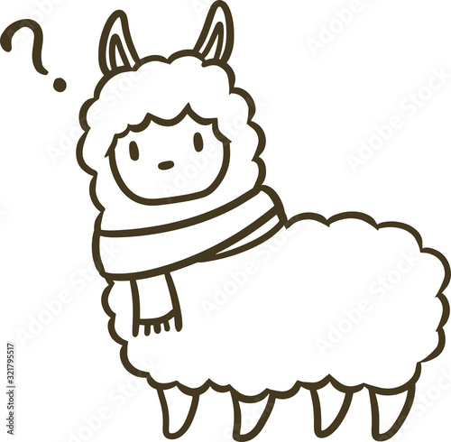 マフラーを巻いたアルパカのイラスト(アウトラインのみ)_？マーク