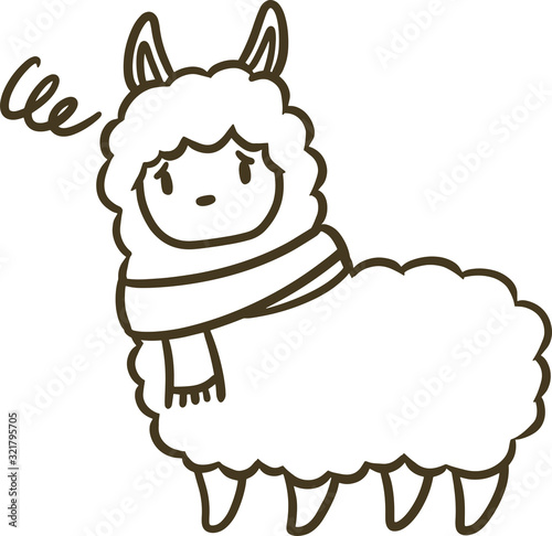 マフラーを巻いたアルパカのイラスト(アウトラインのみ)_困り顔