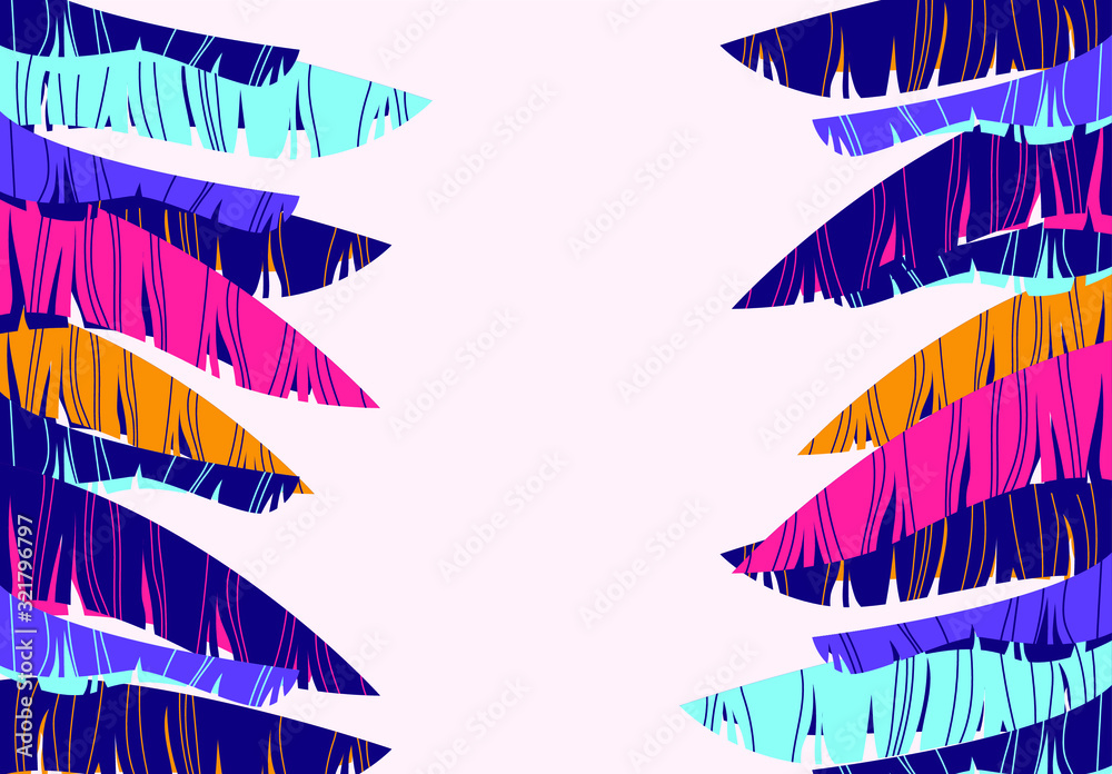 Obraz premium Vector illustration of a horizontal background with multicolored palm leaves on the edges