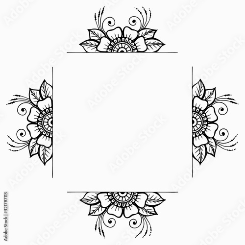 Square frame of oriental mehndi elements with copy space. Hand-drawn outline flowers in indian henna tattoo style for banners, cards, social networks template. Stock vector illustration isolated.