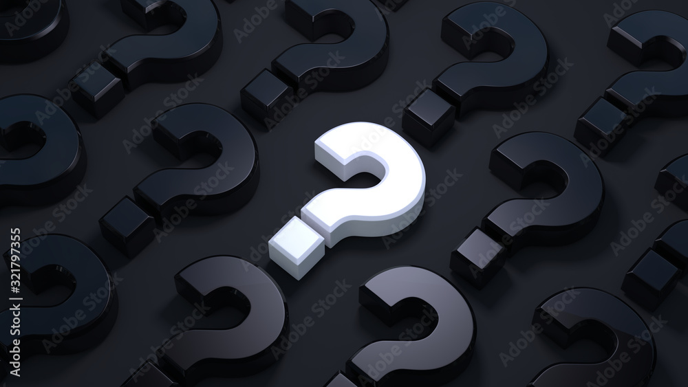 A lot of question mark on a dark background. White question mark on the center. Question concept. 3D rendering.