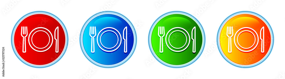 Plate with fork and knife icon glassy round button set illustration Plate with fork and knife icon glassy round button set illustration