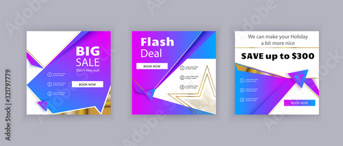 Business banners. Social Media Design. Square template vector. Abstract triangle violet background with gold srar.
