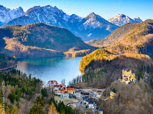Landscape of Bavatian lake and surrounded Alps  from the Neuschwanstein castle, Germany. photo