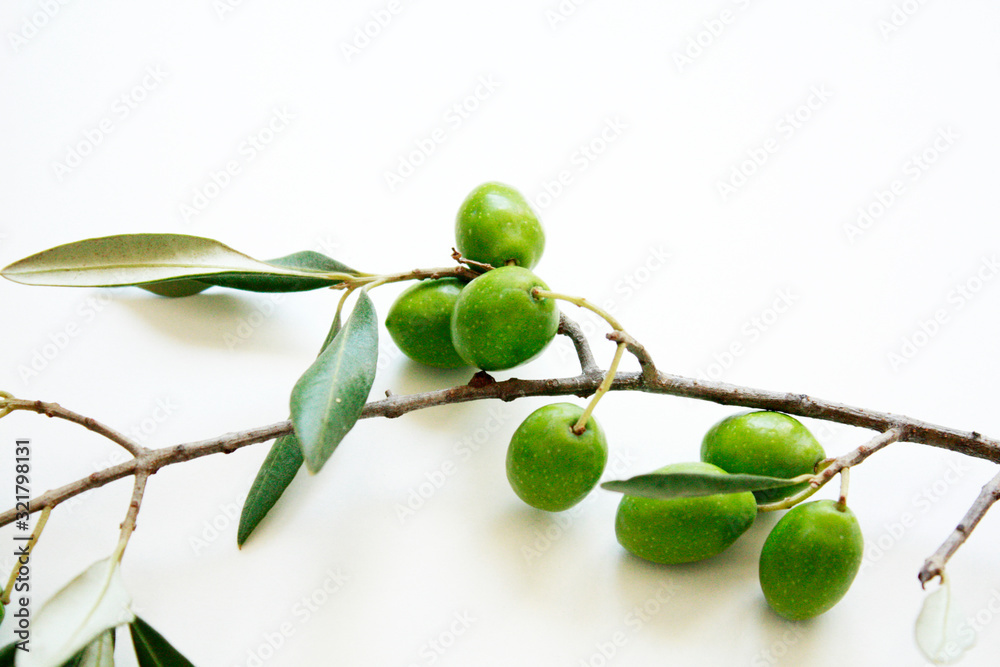 Olive branch with green olives isolated on white background.
