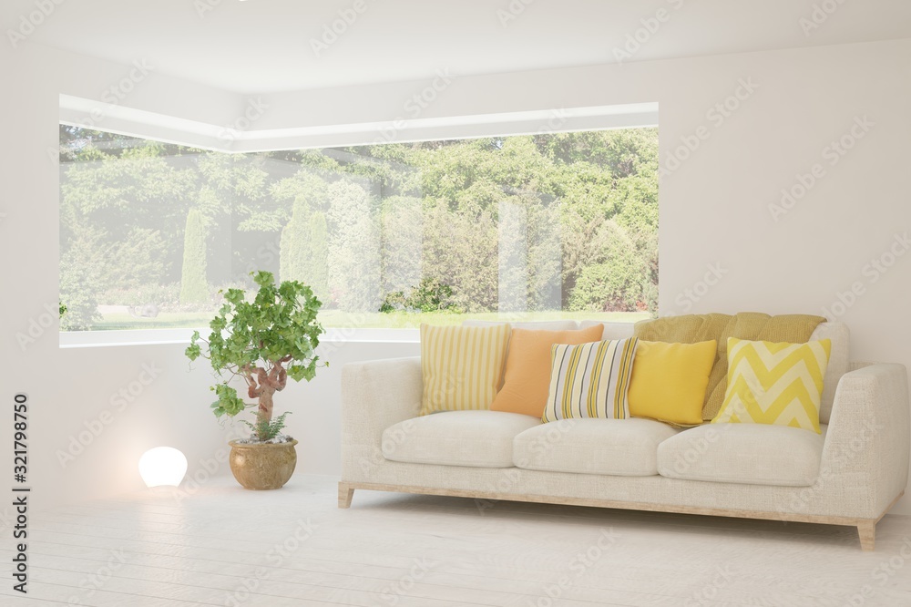Stylish room in white color with sofa and summer landscape in window. Scandinavian interior design. 3D illustration Stylish room in white color with sofa and summer landscape in window. Scandinavian interior design. 3D illustration