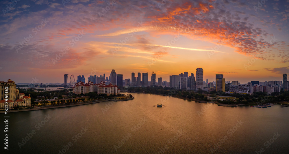 Kallang river overlooking at the stadium and Singapore skyline during sunset