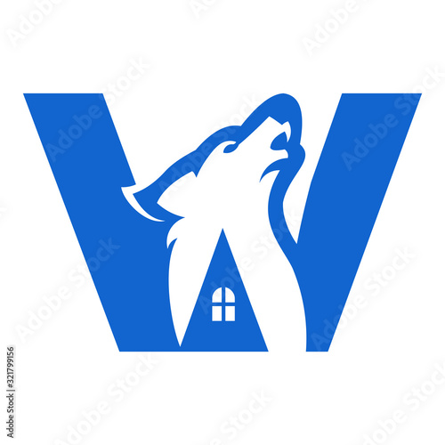 wolf and initial W home icon logo design