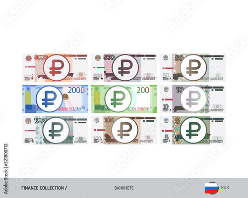 Russian Ruble Banknotes set. Flat style highly detailed vector illustration. Isolated on white background. Suitable for print materials, web design, mobile app and infographics.