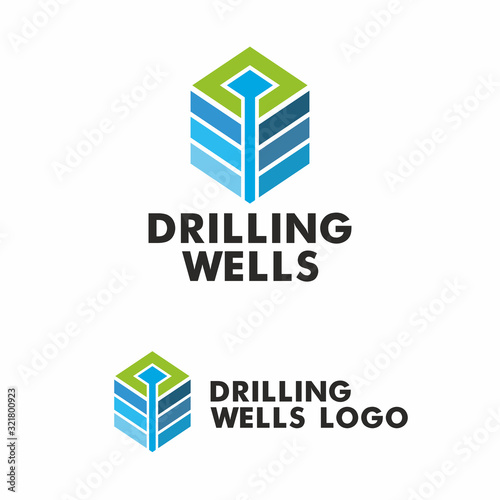 Drilling logo. Stylized well of water in the strata of the earth. Vector graphics
