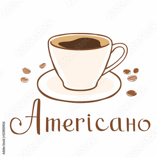 Hand drawn cup of coffee and grains around. Inscription americano. Vector graphics
