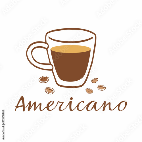 Hand drawn cup of coffee and grains around. Inscription americano. Vector graphics