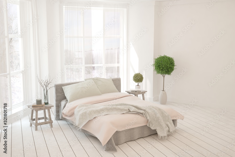 Fototapeta premium Stylish bedroom in white color. Scandinavian interior design. 3D illustration