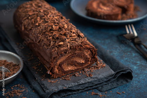 delicious chocolate roulade cake with chocolate cream