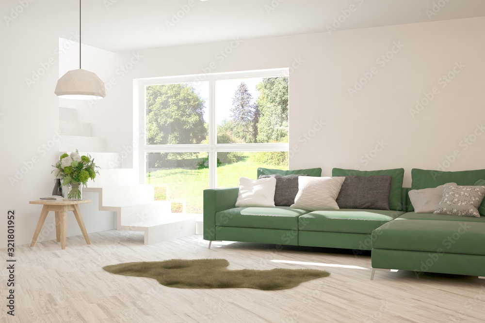 Stylish room in white color with sofa and summer landscape in window. Scandinavian interior design. 3D illustration Stylish room in white color with sofa and summer landscape in window. Scandinavian interior design. 3D illustration