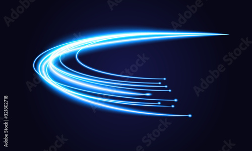 Blue swoosh neon wave over dark background. Shimmering waves with light effect and star dust trail. Blue swoosh design for web and print. photo