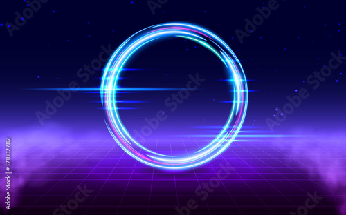 Vaporwave style. Retrofuturistic landscape with perspective grid and glowing circle with fog. Background synth and vaporwave style for electronic music, posters and wallpaper.