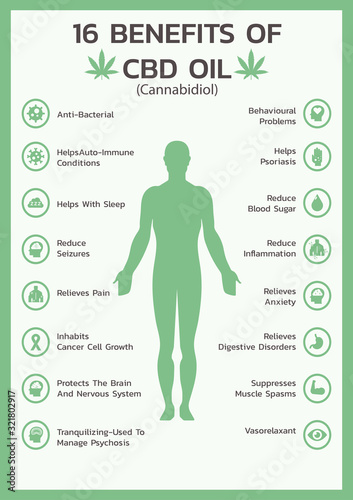 sixteen benefits of CBD oil for health or Cannabidiol, Cannabis infographic information concept, hemp. flat vector symbol icon illustration design