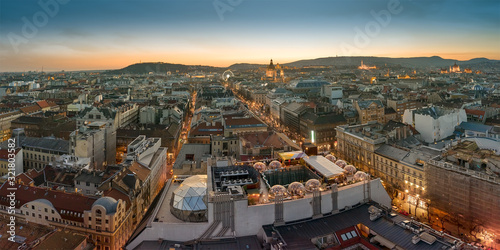 Europe Hungary Budapest parnorama cityscape 360 rooftop bar. Andrassy street. Ede Paulay street. Budapest eye. St. Stephen basilica. Hungarian parliament. Budapest parliamnet. Sunset. Aerial. photo