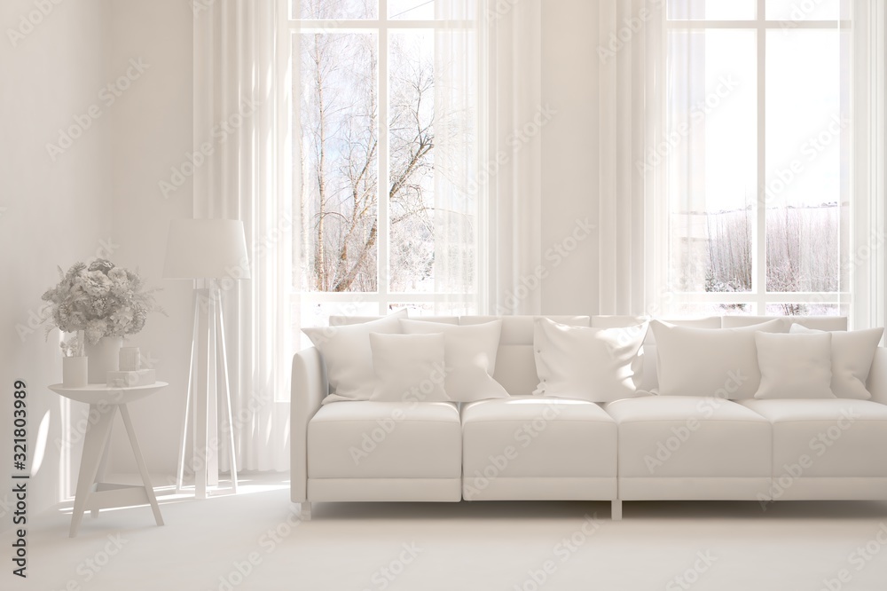 Mock up of stylish room in white color with sofa and winter landscape in window. Scandinavian interior design. 3D illustration