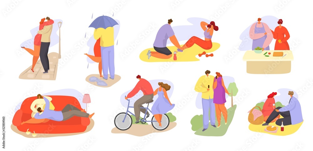Couples of loving people together daily activities vector illustration isolated set. Men, women happy couples romantic dates. Walk, relax on couch or outdoor picnic, ride bike, cook and do sports.