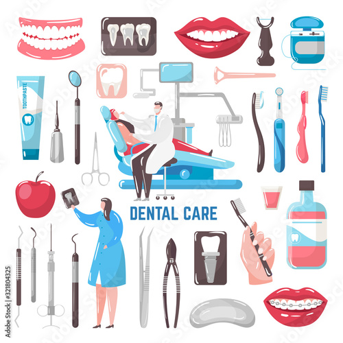 Dental care vector illustration. Teeth, toothpaste and brush, dentist, hygiene isolated set. Medical treatment dental instruments, patient chair, implants, braces and smiling mouth.