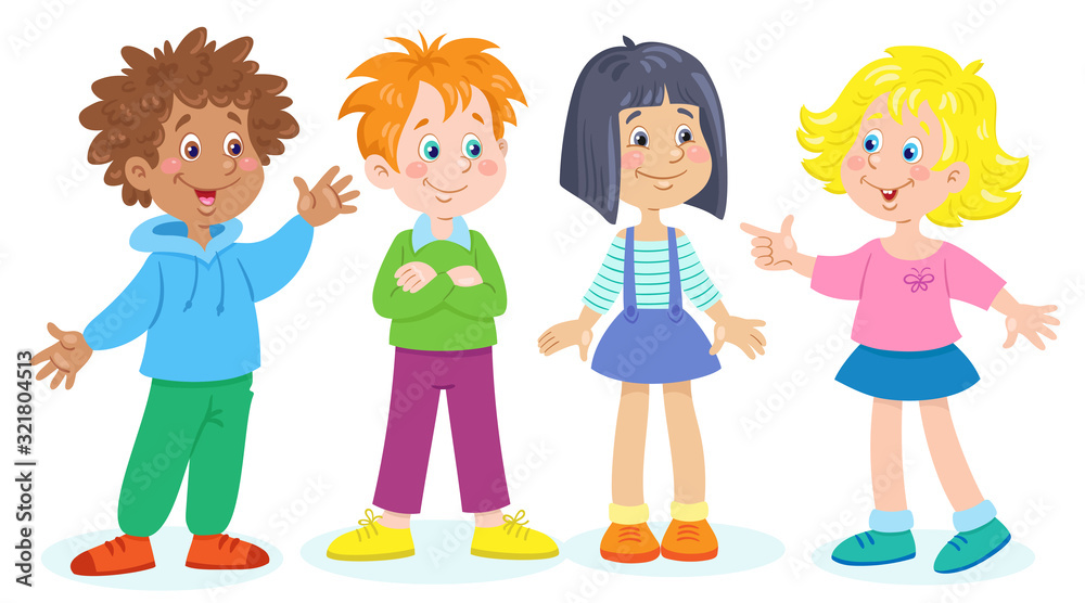 Four little funny children of different nationalities stand and talk. In cartoon style. Isolated on white background. Vector illustration. Four little funny children of different nationalities stand and talk. In cartoon style. Isolated on white background. Vector illustration.