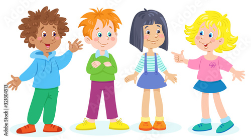 Four little funny children of different nationalities stand and talk. In cartoon style. Isolated on white background. Vector illustration.