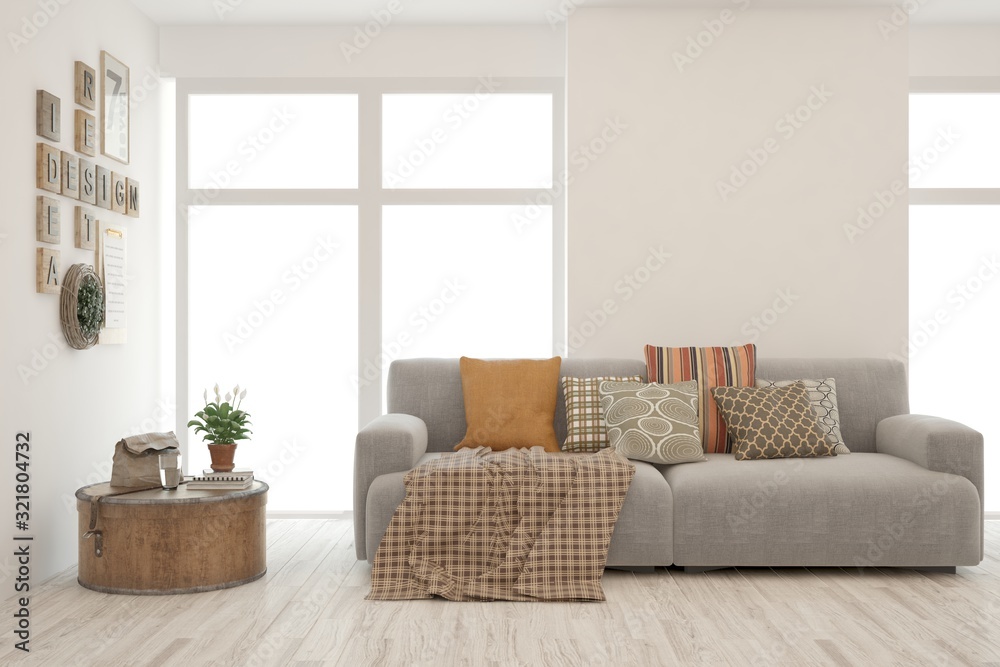 Stylish room in white color with sofa. Scandinavian interior design. 3D illustration Stylish room in white color with sofa. Scandinavian interior design. 3D illustration