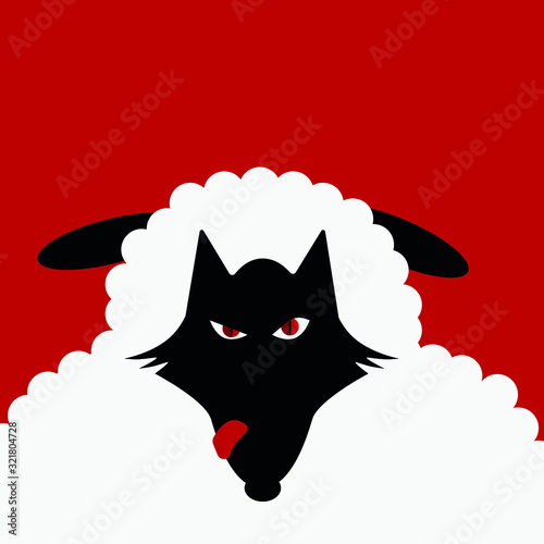  Illustration of a wolf in sheep's clothing on a red background. place for an inscription.