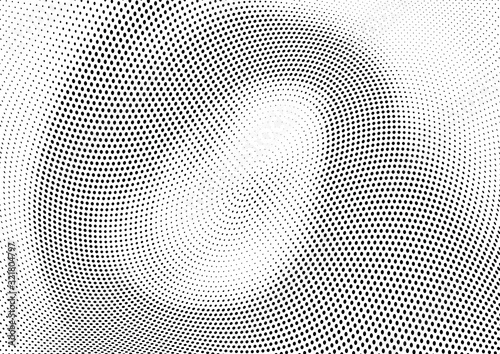 Abstract halftone wave dotted background. Futuristic twisted grunge pattern, dot, circles. Vector modern optical pop art texture for posters, business cards, cover, labels mock-up, stickers layout