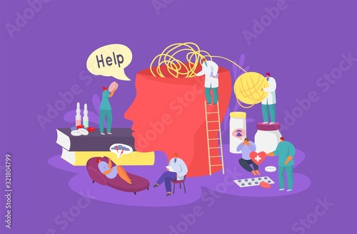 Mental disease psychology concept vector illustration. Huge head need help tiny people working doctors team and patients. Brain illness treatment medication therapy. Psychology, psychiatry, neurology