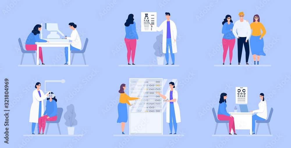Ophthalmology vector illustration, people doctors ophthalmologists and patients in eye medical clinic set. Vision test, okulist selected glasses in optics. Healthcare and treatment.