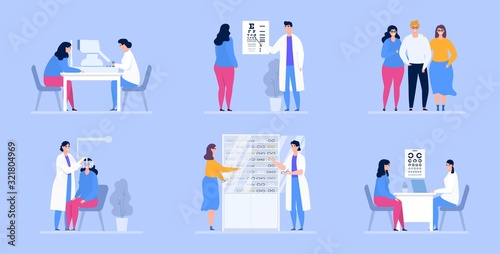 Ophthalmology vector illustration, people doctors ophthalmologists and patients in eye medical clinic set. Vision test, okulist selected glasses in optics. Healthcare and treatment.