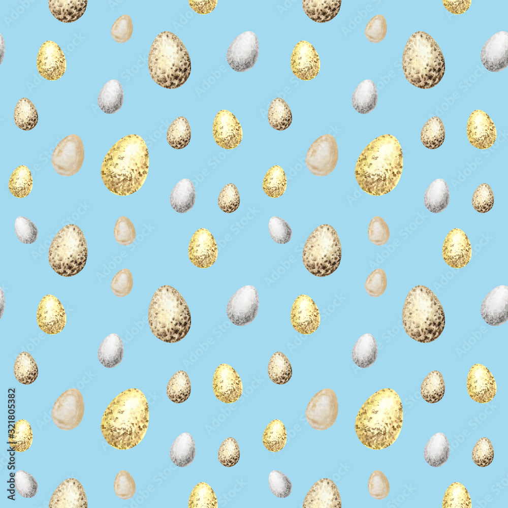 Seamless pattern with Watercolor hand drawn Easter eggs, Fabric texture Illustration. Happy Easter Design concept on a light blue background for banner, poster, card. Chickens egg