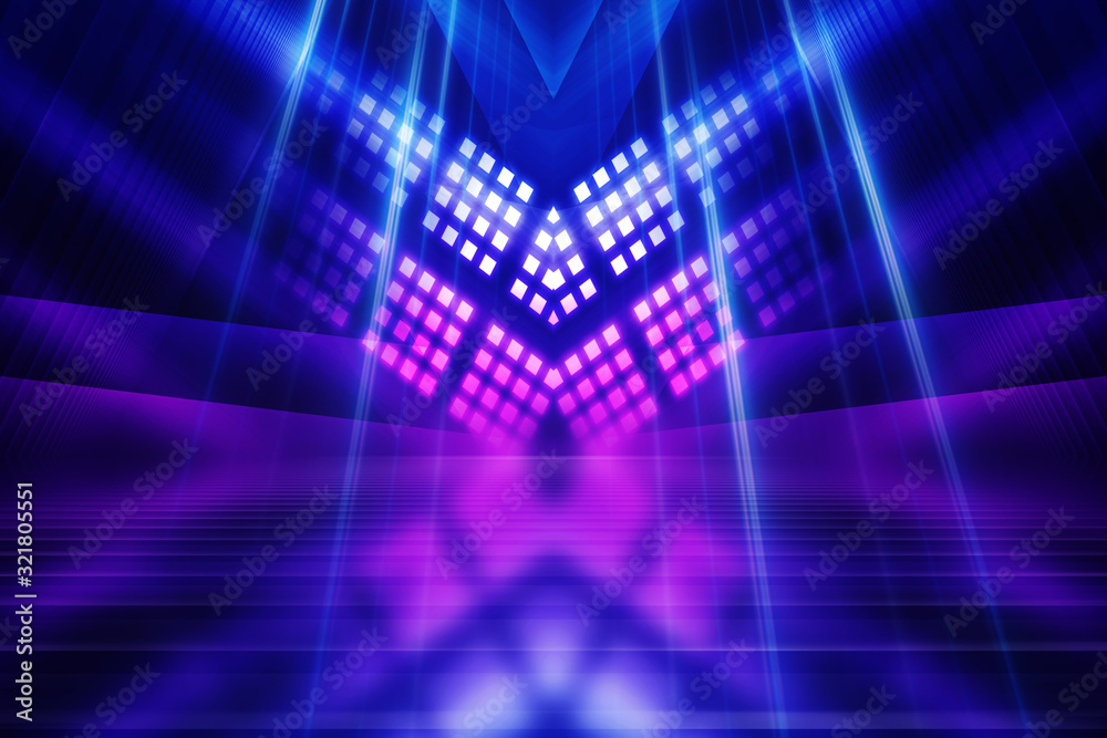 Abstract dark background of empty scene with ultraviolet light. Neon light figures in the center of the stage. Abstract dark background of empty scene with ultraviolet light. Neon light figures in the center of the stage.