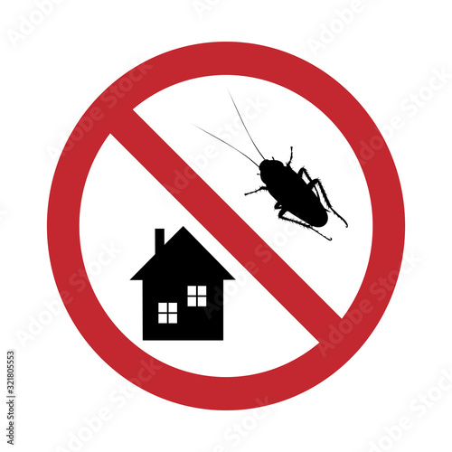 Vector silhouette of no cockroach at home mark on white background. Symbol of stop annoying insect and protection house.