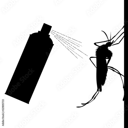 Vector silhouette of mosquito spray on white background. Symbol of annoying insect and pest control.