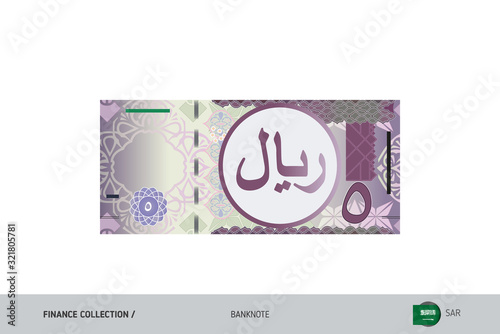 5 Saudi Arabia Riyal Banknote. Flat style highly detailed vector illustration. Isolated on white background. Suitable for print materials, web design, mobile app and infographics. 