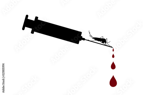 Vector silhouette of injection with drops of blood and mosquito on white background. Symbol of medical and healthy. Sign of threat of malaria disease.
