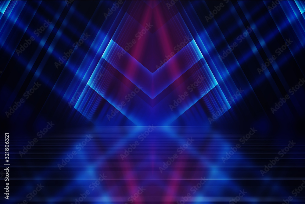 Abstract dark background of empty scene with ultraviolet light. Neon light figures in the center of the stage. Abstract dark background of empty scene with ultraviolet light. Neon light figures in the center of the stage.