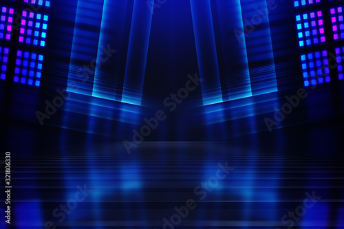 Abstract dark background of empty scene with ultraviolet light. Neon light figures in the center of the stage.