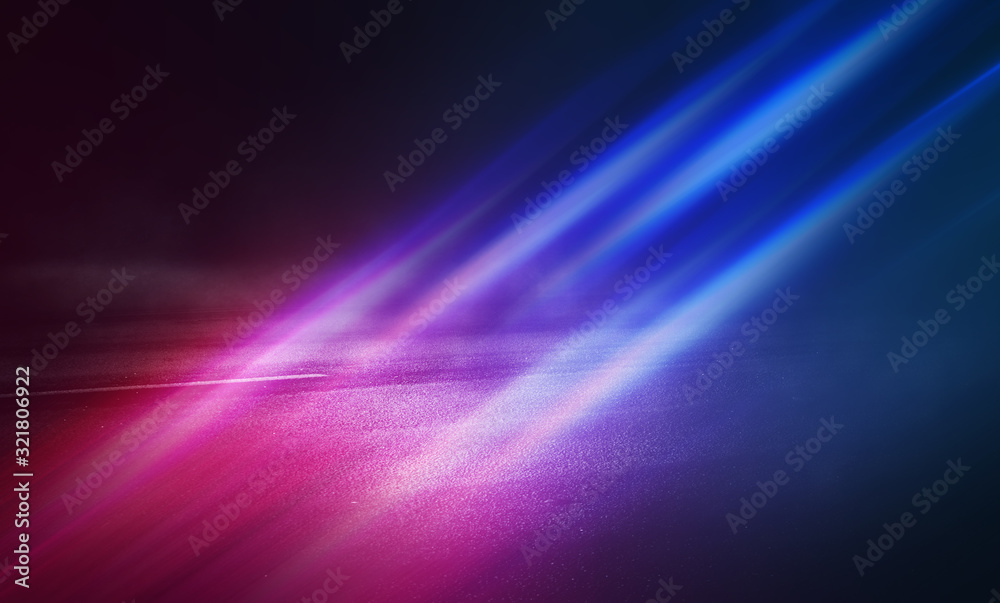 Background empty scene. Reflection of neon lights on the wet asphalt, spotlight. Abstract multicolored, blurry light on a dark empty street with smoke, smog. Background empty scene. Reflection of neon lights on the wet asphalt, spotlight. Abstract multicolored, blurry light on a dark empty street with smoke, smog.
