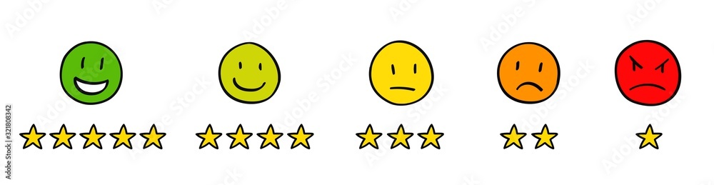 Five hand drawn icon set with stars customer product or seller rating review colorful flat icon scale for apps, ui and websites Five hand drawn icon set with stars customer product or seller rating review colorful flat icon scale for apps, ui and websites