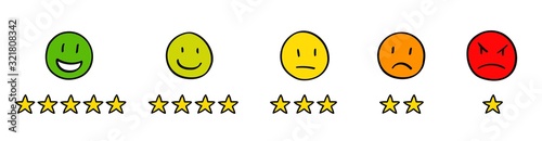 Five hand drawn icon set with stars customer product or seller rating review colorful flat icon scale for apps, ui and websites 