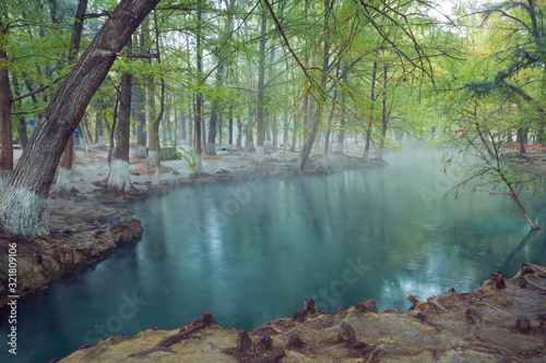 thermal water river  photo of morning fog over a lake in cold autumn weather in half moon san luis potosi