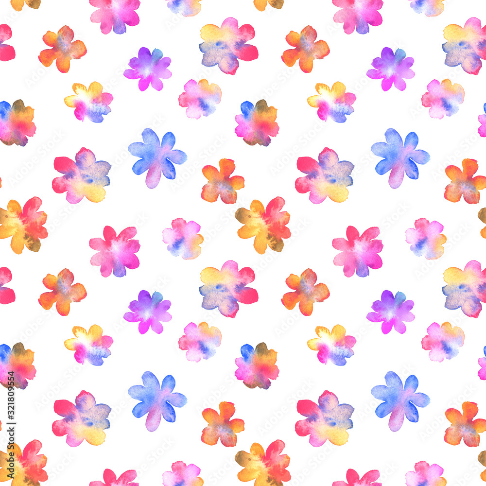 Watercolor seamless pattern with hand painted watercolor flowers, bright colors,  isolated on an white background. Stock illustration. Fabric wallpaper print texture.
