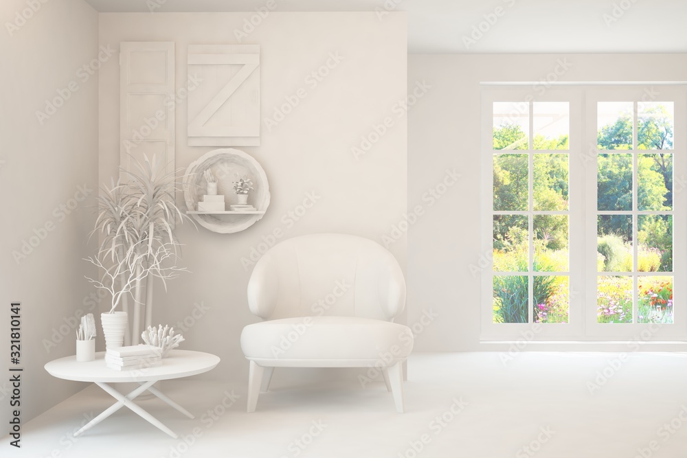 Mock up of stylish room in white color with armchair and green landscape in window. Scandinavian interior design. 3D illustration Mock up of stylish room in white color with armchair and green landscape in window. Scandinavian interior design. 3D illustration