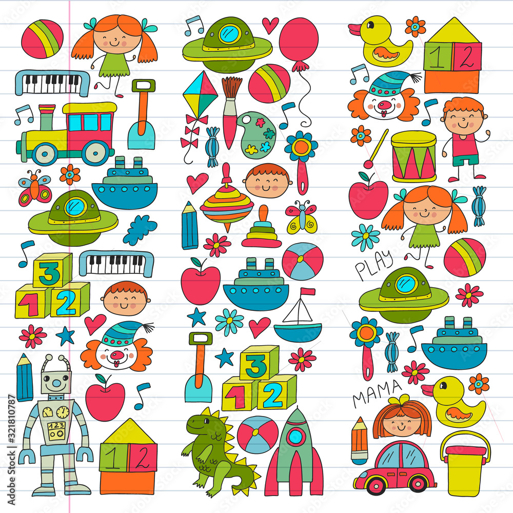 Kindergarten preschool school children. Kids drawing style vector pattern. Play grow learn together.