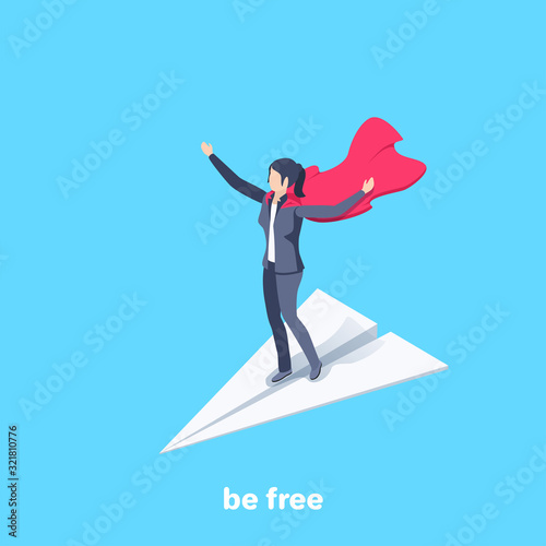 isometric vector image on a blue background, a woman in a business suit with a red super hero splash flies on a paper airplane, achieving high results and business success